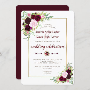Convites Casamento Floral Chic Royal Burgundy Marsala