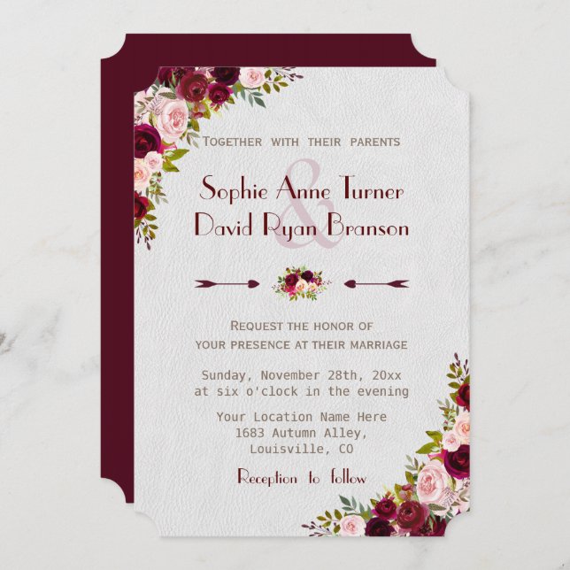 Convites Casamento Floral Chic Rustic Burgundy Marsala (Frente/Verso)
