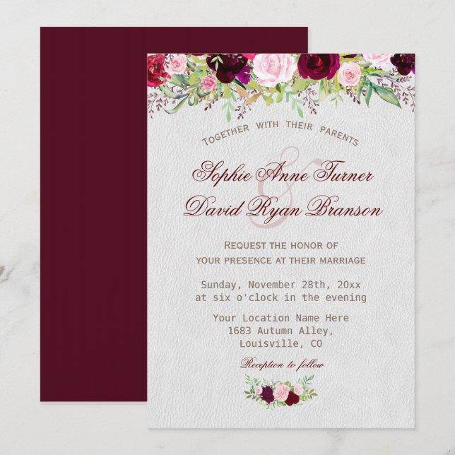 Convites Casamento Floral Chic Rustic Burgundy Marsala (Frente/Verso)