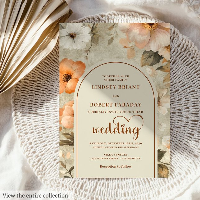 Convites Casamento Floral Chic Rústico Boho Cobre Bege Oliv (Rustic Boho Copper Beige Olive Floral Wedding Invitation)