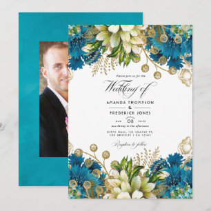 Convites Casamento Floral Chic Vintage Turquesa e Dourado