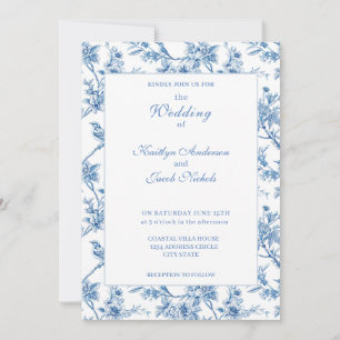 Convites Casamento Floral Chinesice Azul Elegante 