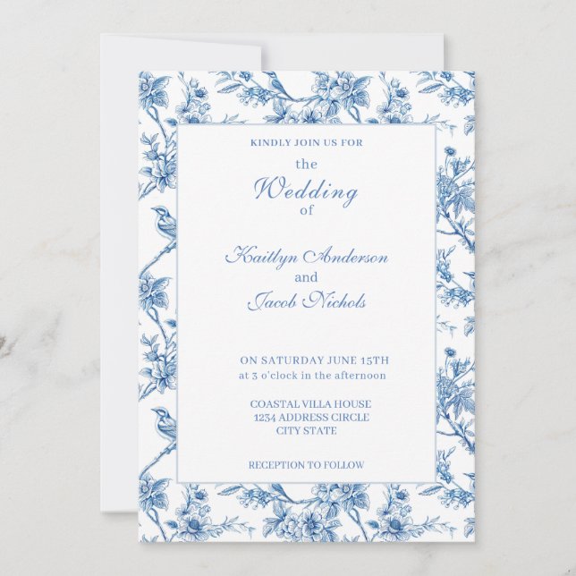 Convites Casamento Floral Chinesice Azul Elegante  (Frente)