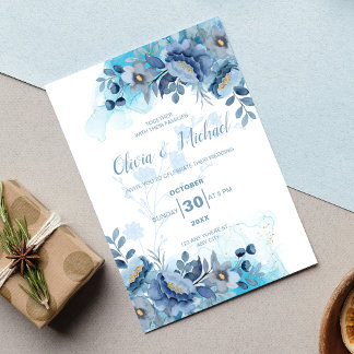 Convites Casamento Floral Chinesice Azul Poeirento Elegante