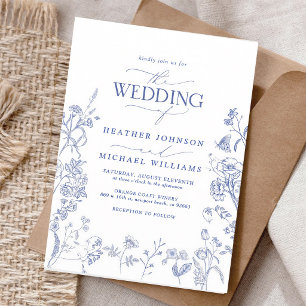 Convites Casamento Floral Chinoiserie Azul Francês