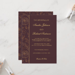 Convites Casamento Floral Chocolate Dourado Moderno e Elega
