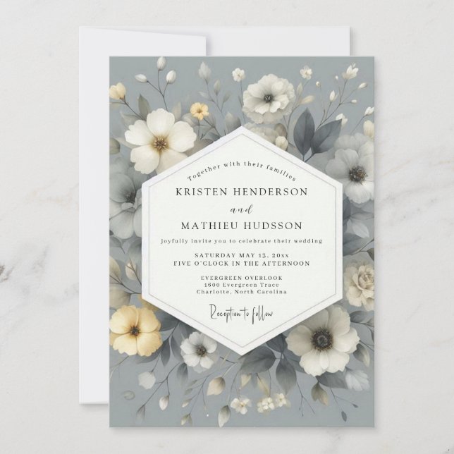 Convites Casamento Floral Cinza Ardósia (Frente)