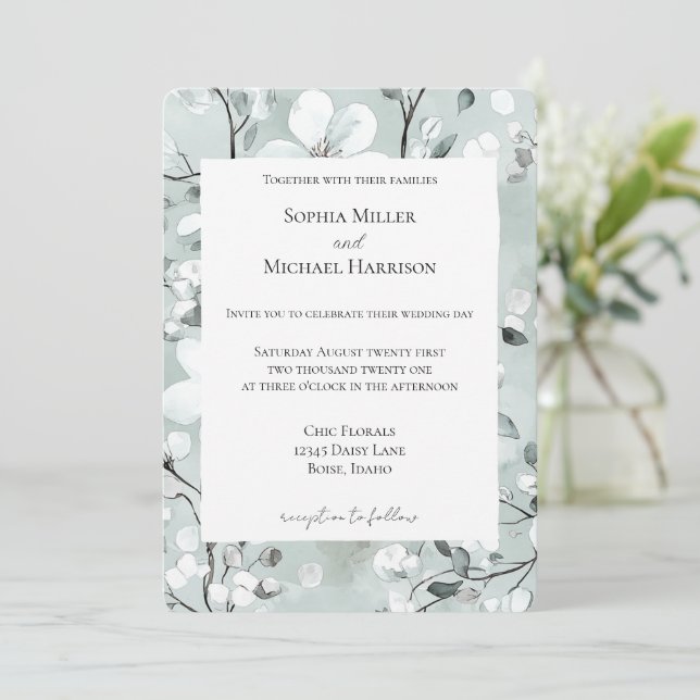 Convites Casamento Floral Cinza Azul Branco Chic (Em pé/Frente)