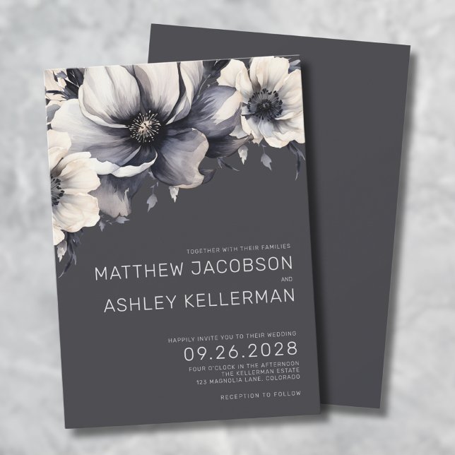 Convites Casamento Floral Cinza Elegante (Elegant Modern Gray Floral Wedding Invitation)