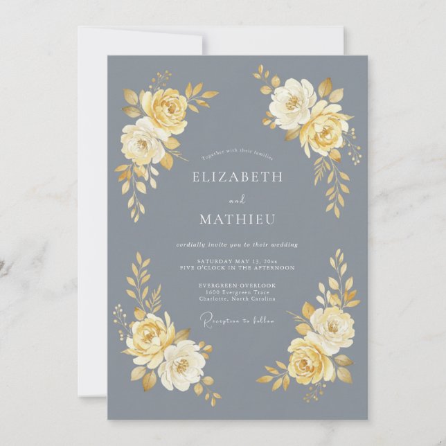 Convites Casamento Floral Cinza Flor de Ouro (Frente)