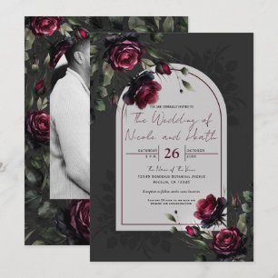 Convites Casamento Floral Cinza Sombrio Rosas Vermelhas de 