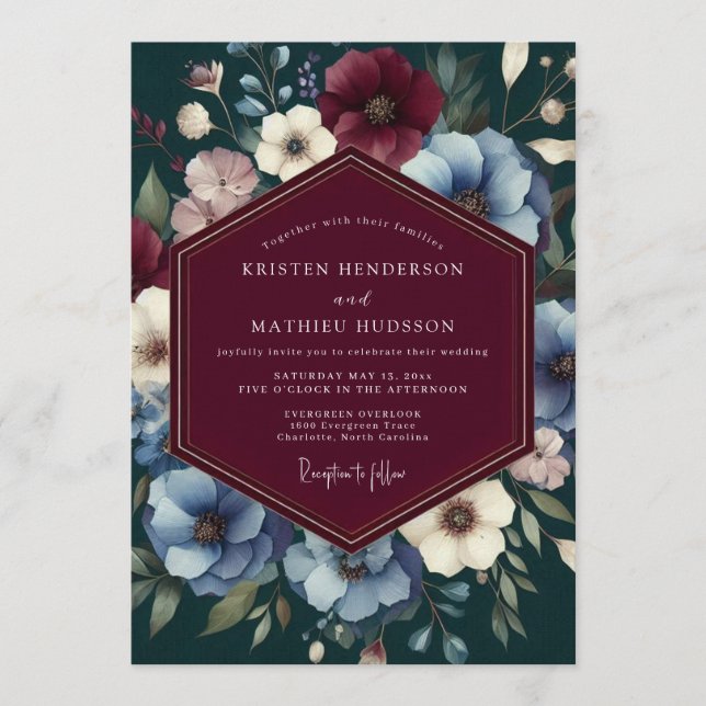 Convites Casamento Floral Claret Moody (Frente)