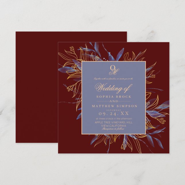 Convites Casamento Floral Clássico Burgundy Marinho (Frente/Verso)