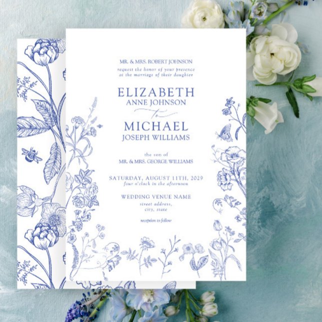 Convites Casamento Floral Clássico Chinoiserie Azul Vitoria (Easy to personalize formal classic blue Chinoiserie French toil wedding invitation.
)