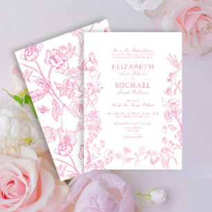 Convites Casamento Floral Clássico Chinoiserie Rosa