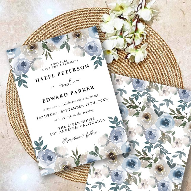 Convites Casamento Floral Clássico com Dusty Blue Watercolo (Classic Dusty Blue Watercolor Floral Wedding Invitation)