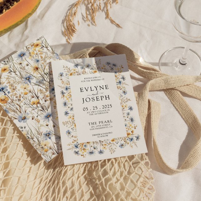 Convites Casamento Floral Clássico de Boho Amarelo e Azul M (Criador carregado)