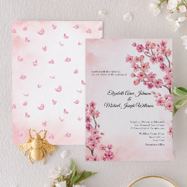 Convites Casamento Floral Clássico de Cerejeira Rosa Elegan