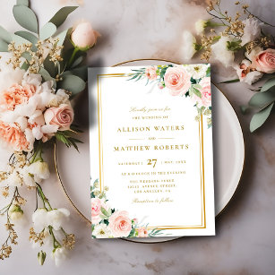 Convites casamento floral clássico de cor-de-rosa pincelado