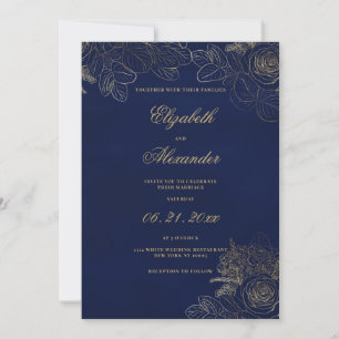 Convites Casamento floral clássico elegante azul naval dour