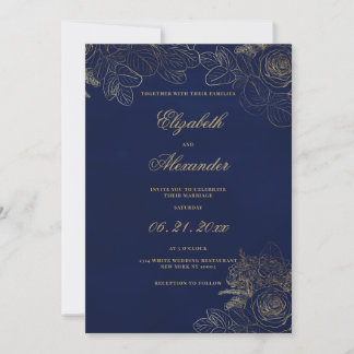 Convites Casamento floral clássico elegante azul naval dour