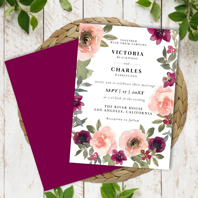 Convites Casamento Floral Clássico Elegante Blush Watercolo (Classic Elegant Blush Watercolor Floral Wedding Invitation)