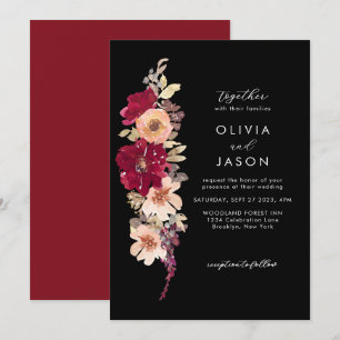 Convites Casamento Floral Clássico Elegante Dark Burgundy
