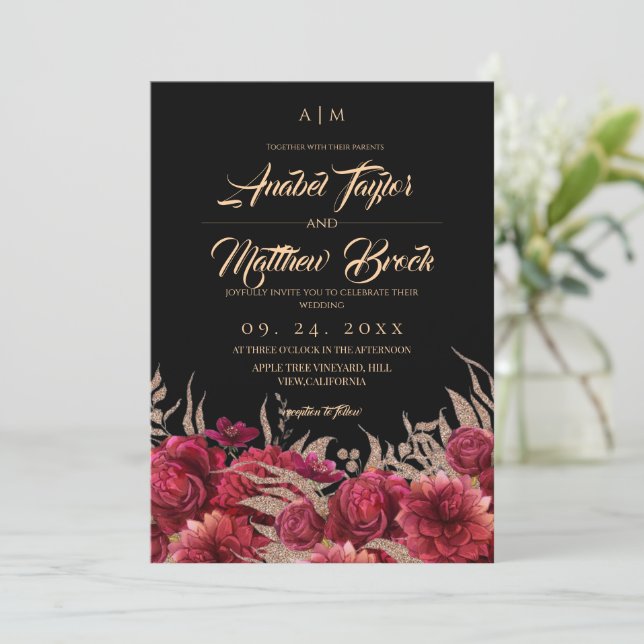 Convites Casamento Floral Clássico em Borgonha e Dourado (Em pé/Frente)