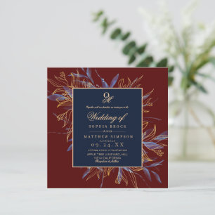 Convites Casamento Floral Clássico em Burgundy Azul-Naval
