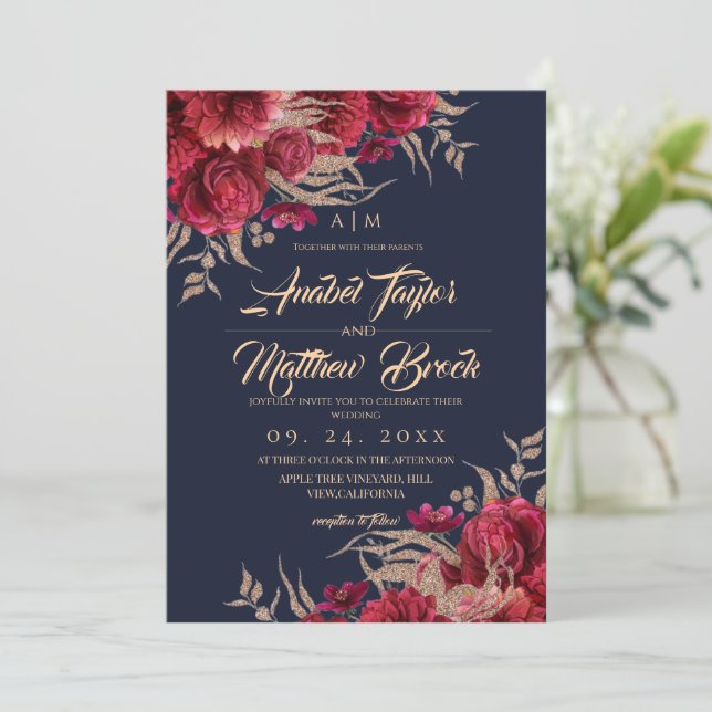 Convites Casamento Floral Clássico em Burgundy e Azul Marin (Em pé/Frente)