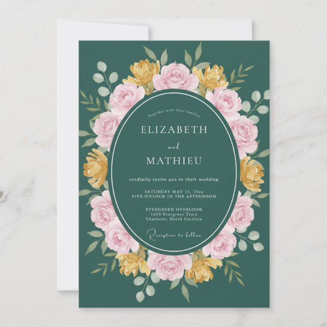Convites Casamento Floral Clássico em Verde Caçador (Frente)
