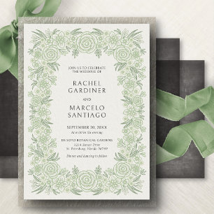 Convites Casamento Floral Clássico em Verde Sálvia