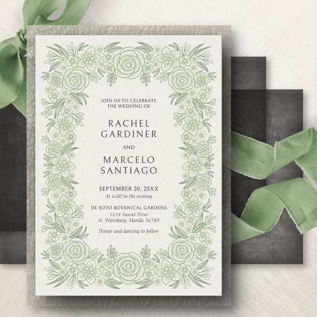 Convites Casamento Floral Clássico em Verde Sálvia (Criador carregado)
