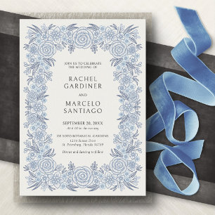 Convites Casamento Floral Clássico Francês Azul Empoeirado