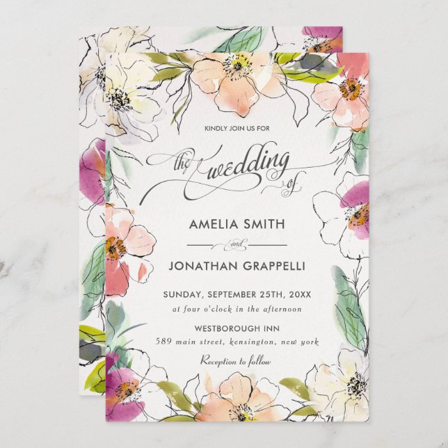 Convites Casamento Floral Clássico Moderno Elegante De Aqua (Frente/Verso)