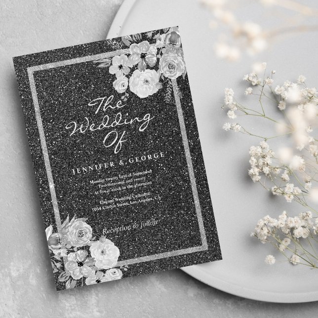Convites Casamento floral clássico preto branco prata brilh (Classic black white silver glitter floral wedding)