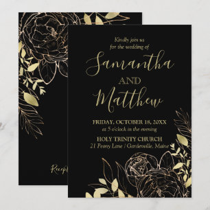 Convites Casamento Floral Clássico Preto e Dourado Peony M