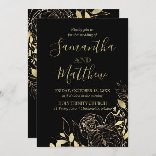 Convites Casamento Floral Clássico Preto e Dourado Peony Mo