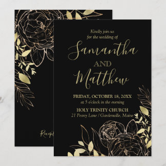 Convites Casamento Floral Clássico Preto e Dourado Peony Mo