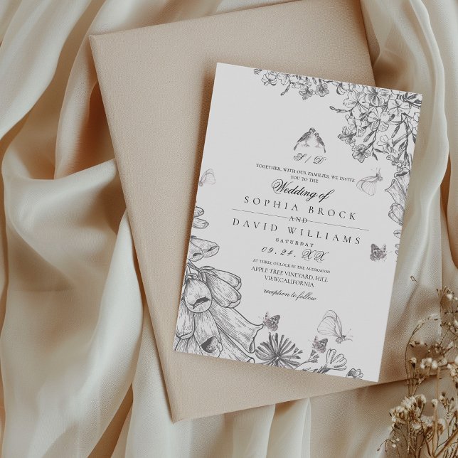 Convites Casamento Floral Clássico Rústico Preto e Branco (Criador carregado)