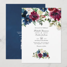 Convites Casamento Floral Código QR Bordo e Azul Marinho Aq