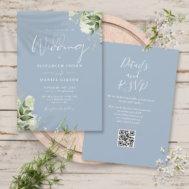 Convites Casamento Floral Código QR em Azul Poeirento e Fol