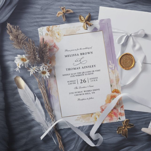 Convites Casamento Floral Código QR Orçamento Rosa Pêssego  (Criador carregado)