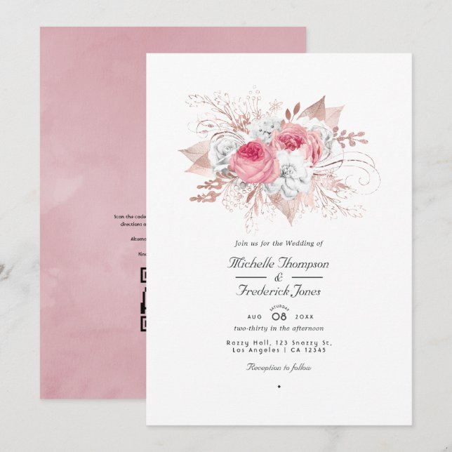 Convites Casamento Floral Código QR Rosa Bege e Dourado Ros (Frente/Verso)