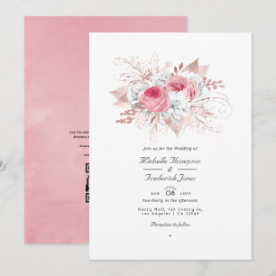 Convites Casamento Floral Código QR Rosa Bege e Dourado Ros