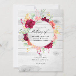 Convites Casamento Floral Código QR Rústico Borgonha e Rosa