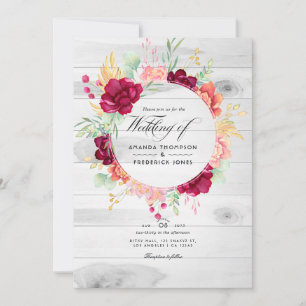 Convites Casamento Floral Código QR Rústico Borgonha e Rosa