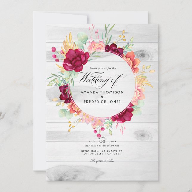 Convites Casamento Floral Código QR Rústico Borgonha e Rosa (Frente)