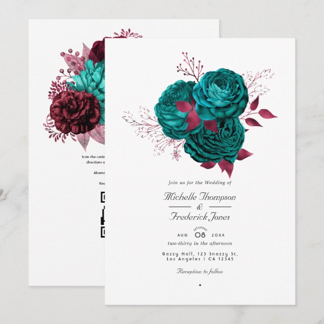 Convites Casamento Floral Código QR Turquesa e Borgonha (Frente/Verso)