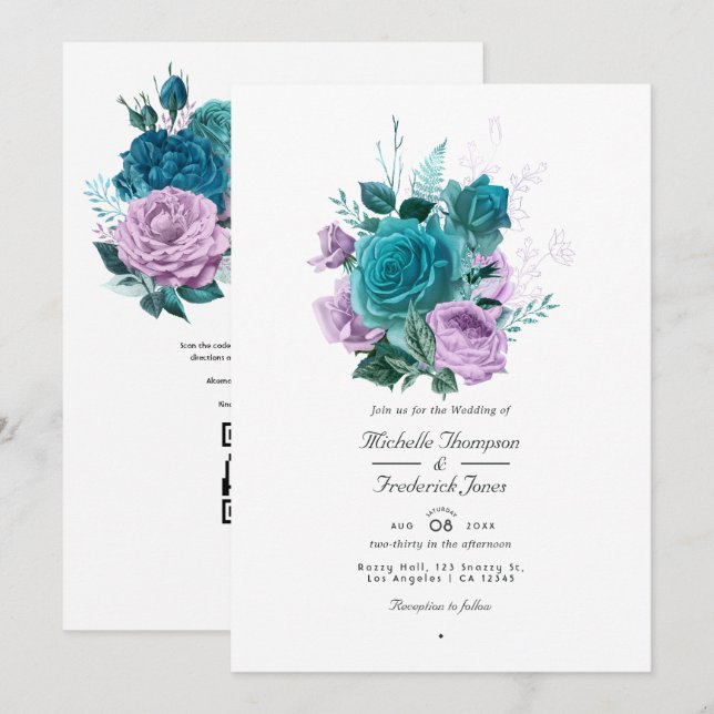 Convites Casamento Floral Código QR Turquesa e Lavanda (Frente/Verso)